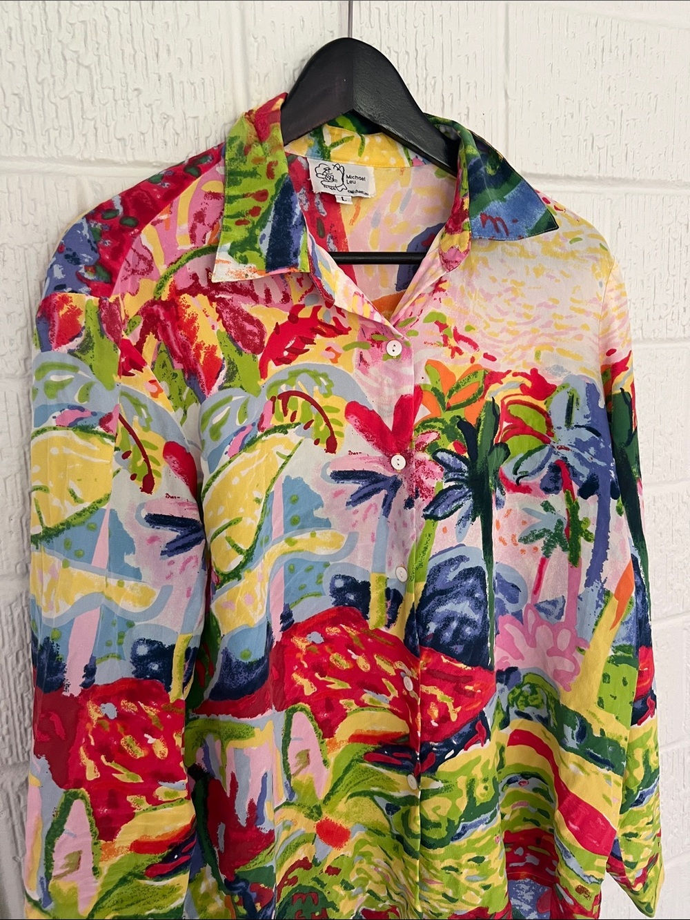 Michael Leu Vibrant Tropical Print Button-Up Shirt Silk large - Picture 4 of 9